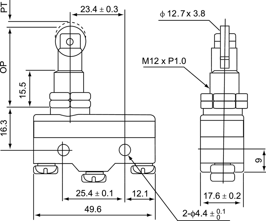 MS\1308 Міні-вимикач плунжер роликовий по поздовжній осі з кріпленням на панелі - Розміри